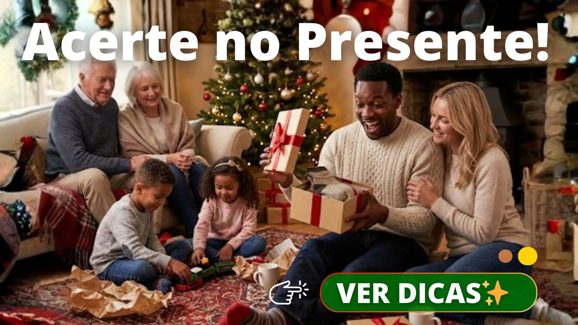 Família multigeracional reunida em sala decorada para o Natal abrindo presentes juntos em frente à árvore iluminada e lareira, com texto "Acerte no Presente" e botão "Ver Dicas"