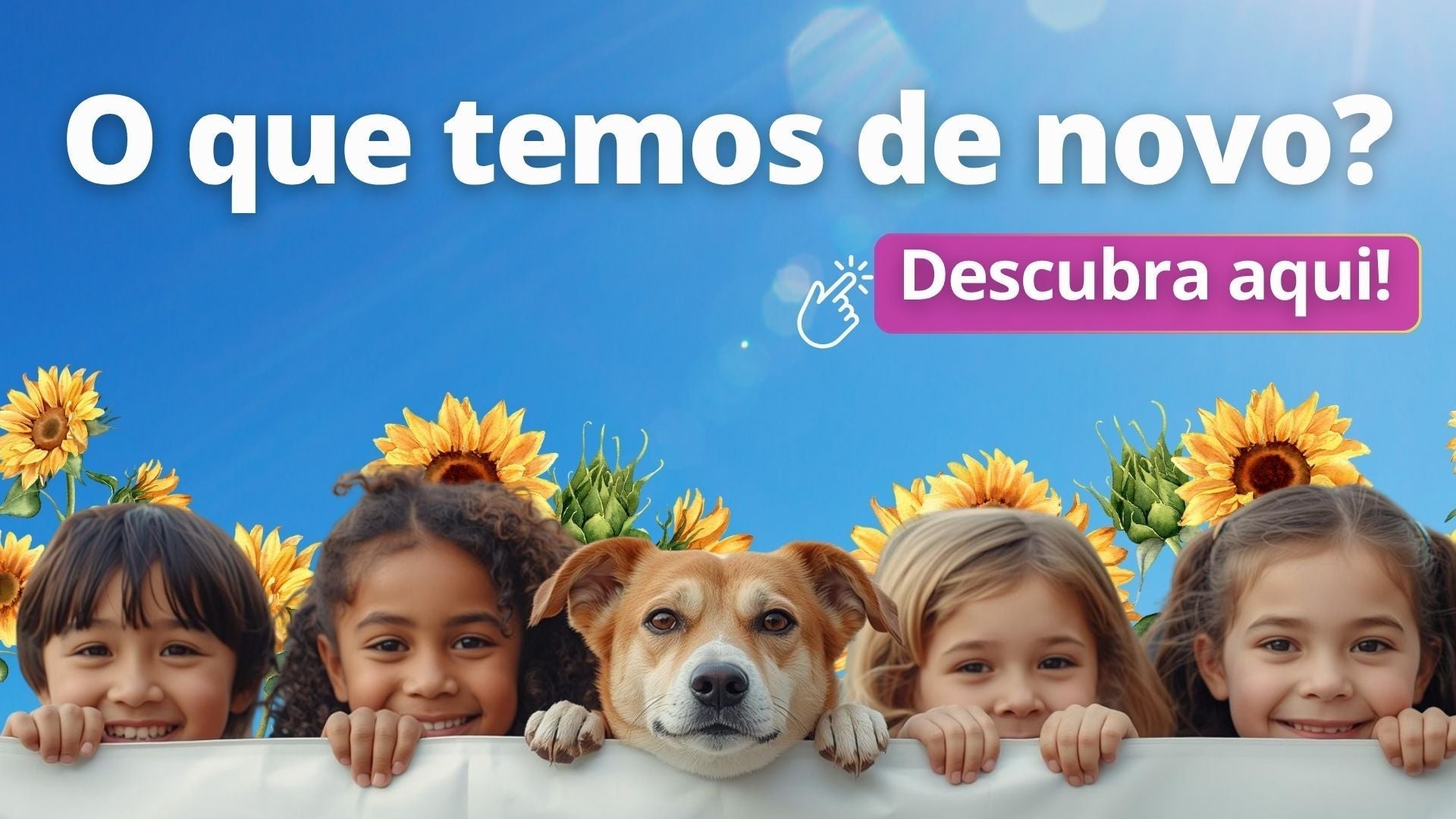 Cinco crianças diversas e um cachorro sorridente olhando por cima de muro branco com girassóis amarelos ao fundo e céu azul - Blog de novidades Loja Digital DIG