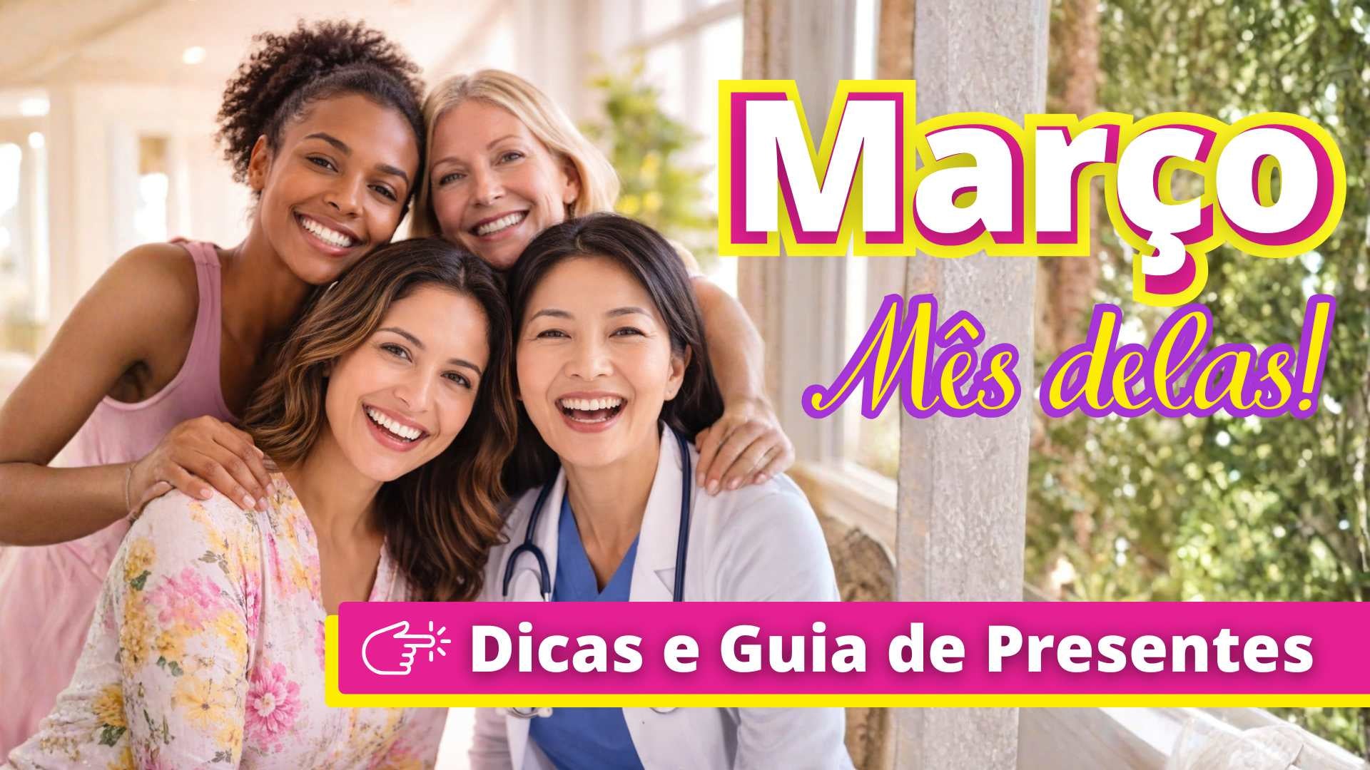 Grupo de mulheres diversas celebrando o Dia da Mulher - Março Mês Delas com guia de presentes