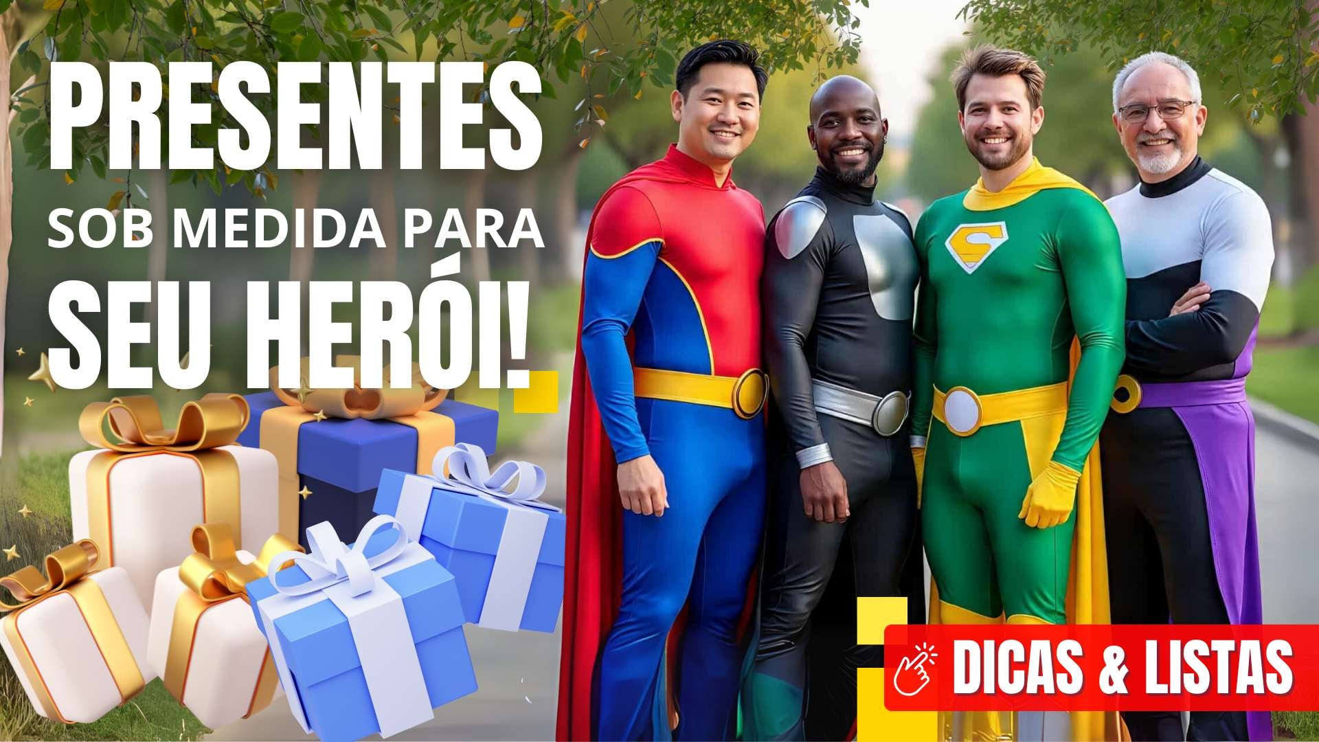 Quatro homens de diferentes etnias vestidos como super-heróis coloridos ao lado de presentes embalados com texto "Presentes sob medida para seu herói" e botão "Dicas & Listas"