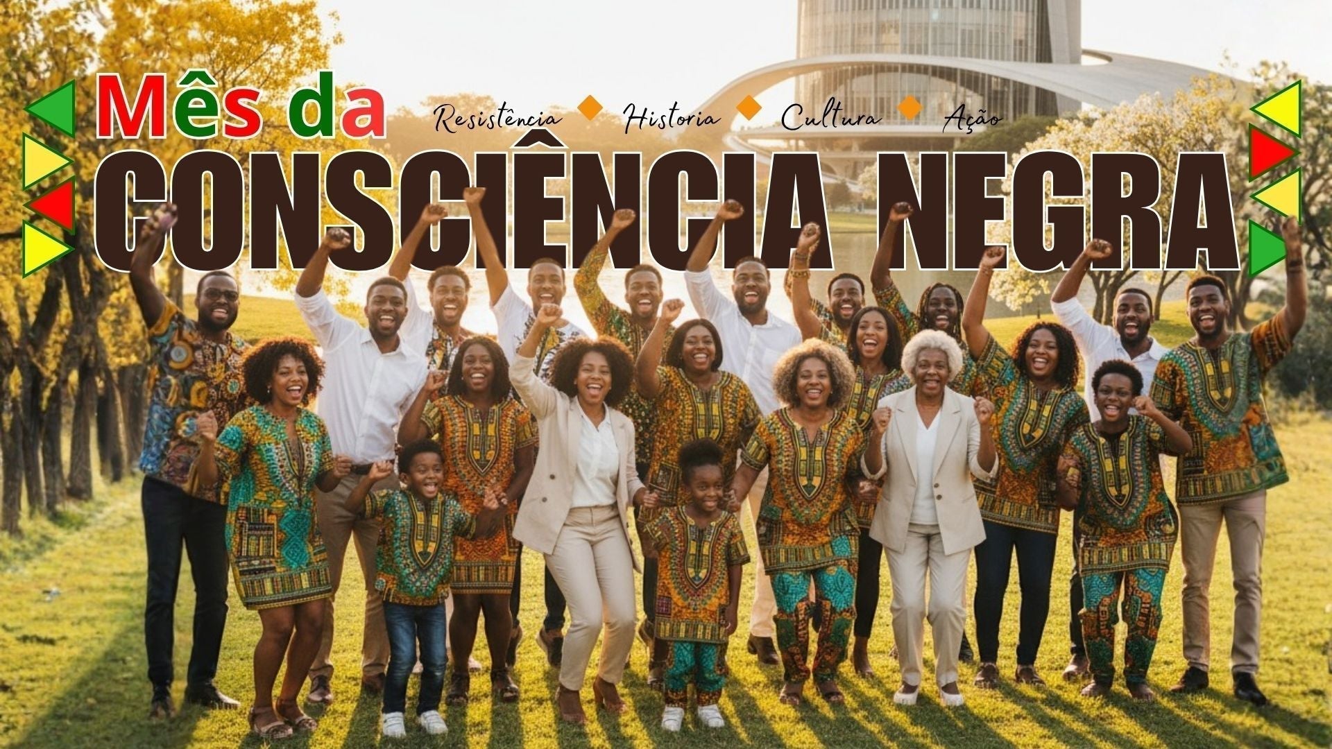Mês da Consciência Negra - grupo intergeracional celebrando com alegria em frente a arquitetura moderna cercada por ipês amarelos, vestindo roupas tradicionais africanas e modernas