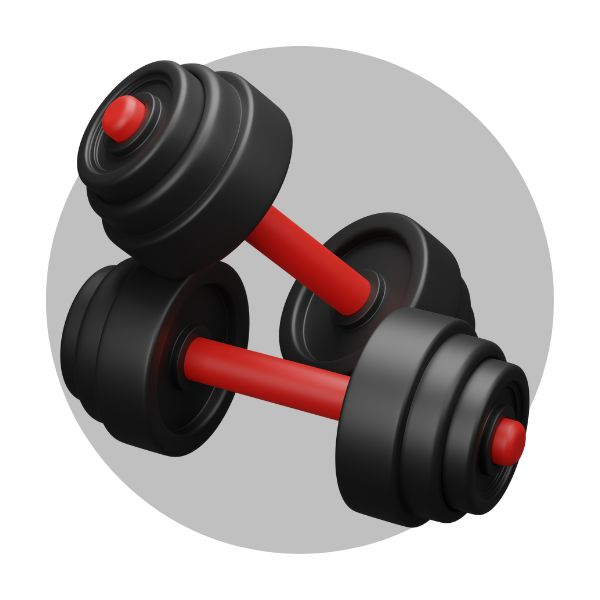 Capa da Coleção "Saúde e Bem Estar". Imagem em destaque: foto realista arte 3D: Dois pesos de mão sobrepostos, nas cores vermelho na barra e chumbo no ferro. Explore agora essa coleção e comece já sua jornada para uma vida mais saudável!