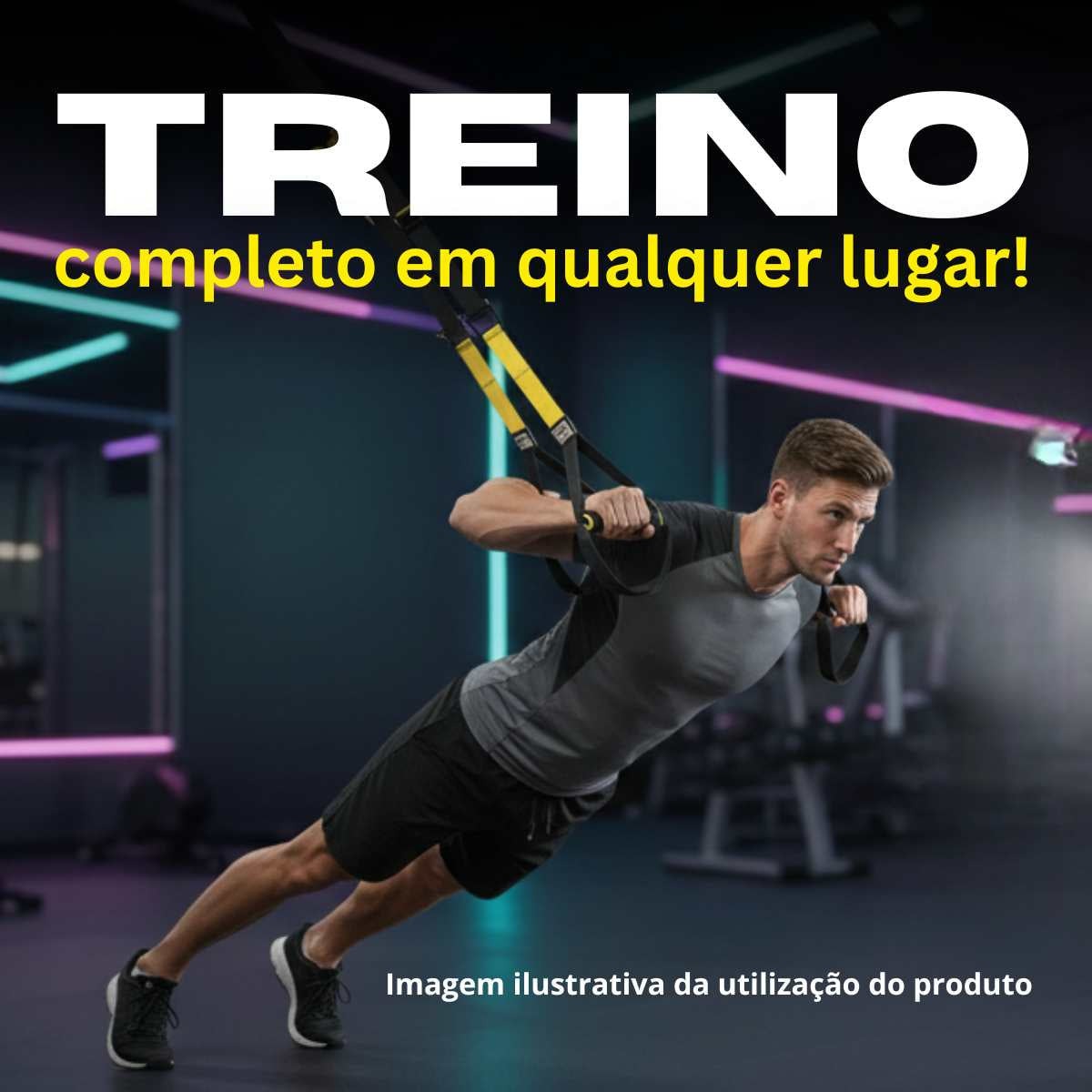 Homem fazendo flexão suspensa com TRX em academia moderna - treino completo de peito, braços e core em qualquer lugar