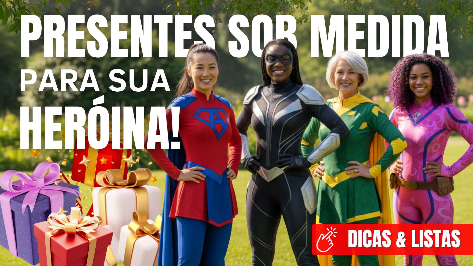 Quatro mulheres de diferentes etnias vestidas como super-heroínas coloridas em parque com presentes embalados e texto "Presentes sob medida para sua heroína" com botão "Dicas & Listas"