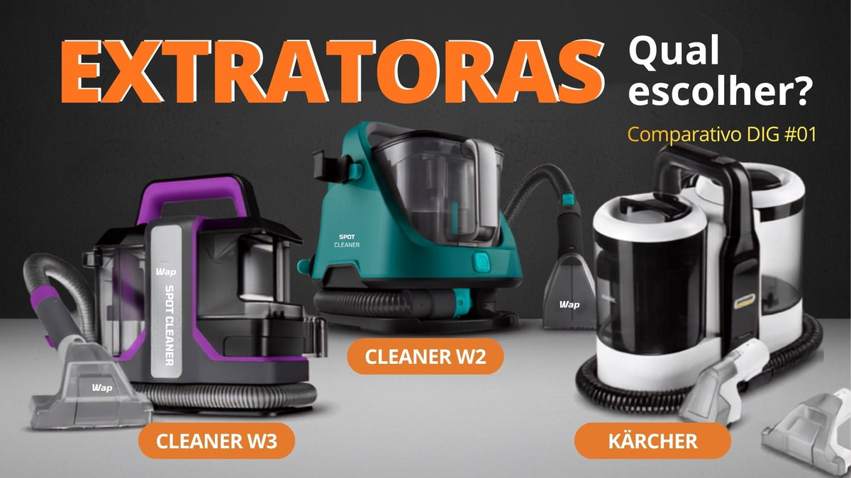 Comparativo de extratoras portáteis: WAP Spot Cleaner W3, WAP Spot Cleaner W2 e Kärcher Home Care lado a lado