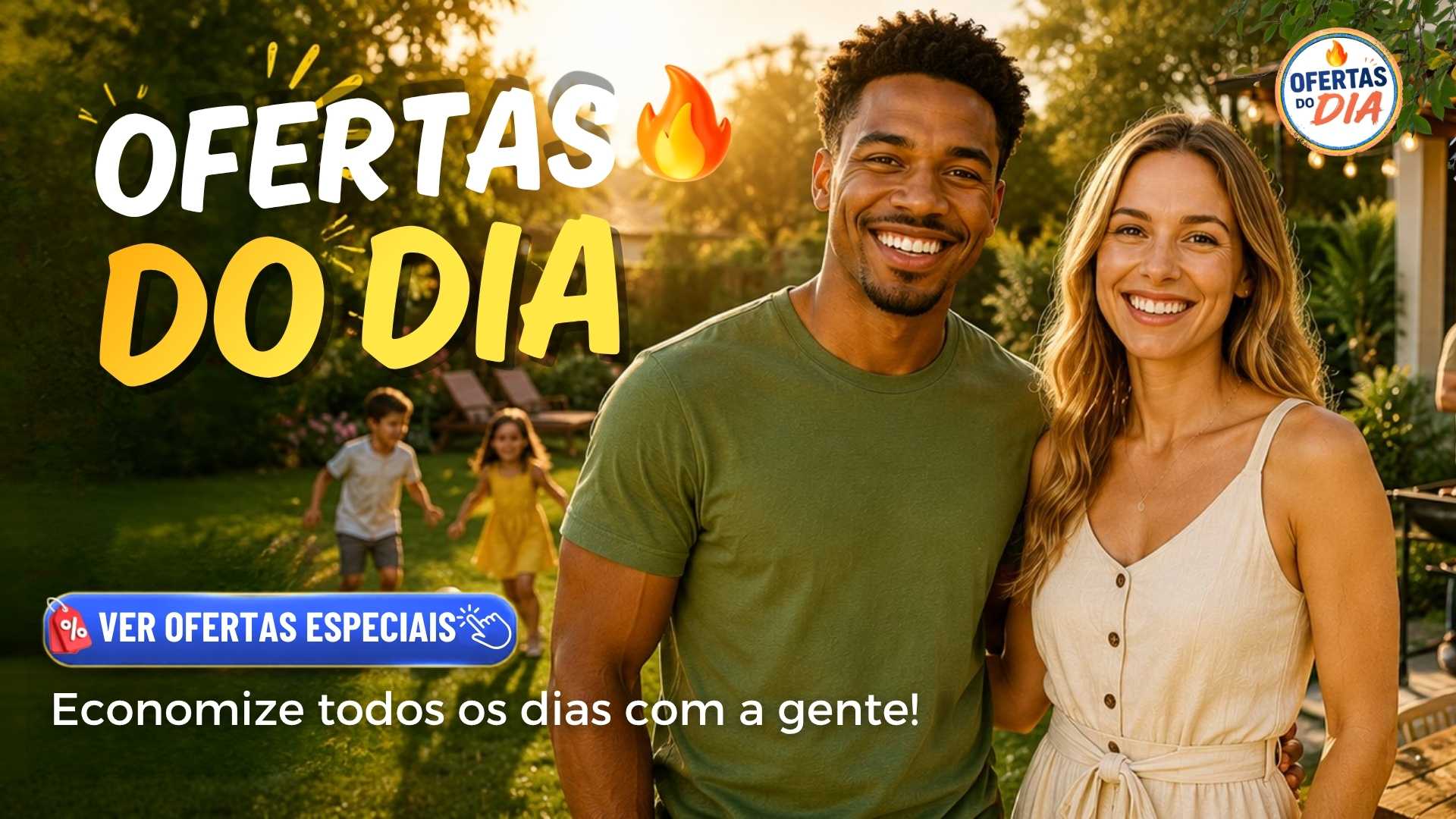 Casal sorridente em jardim ensolarado com crianças ao fundo — Ofertas do Dia: economize todos os dias com a gente
