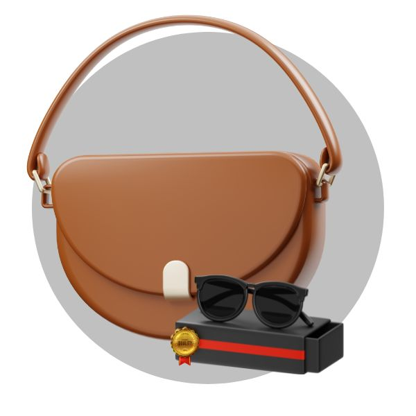 Capa da Coleção "Moda e Beleza". Imagem em destaque foto realista 3D:  Bolsa marrom elegante e óculos estiloso. Explore agora nossa coleção moda e beleza e seja sua própria inspiração!