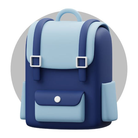 Capa da Coleção "Bolsas e Mochilas". Imagem em destaque foto realista 3D:  Mochila funcional em dois tons de azul. Explore agora nossa coleção de bolsas e mochilas estilosas!