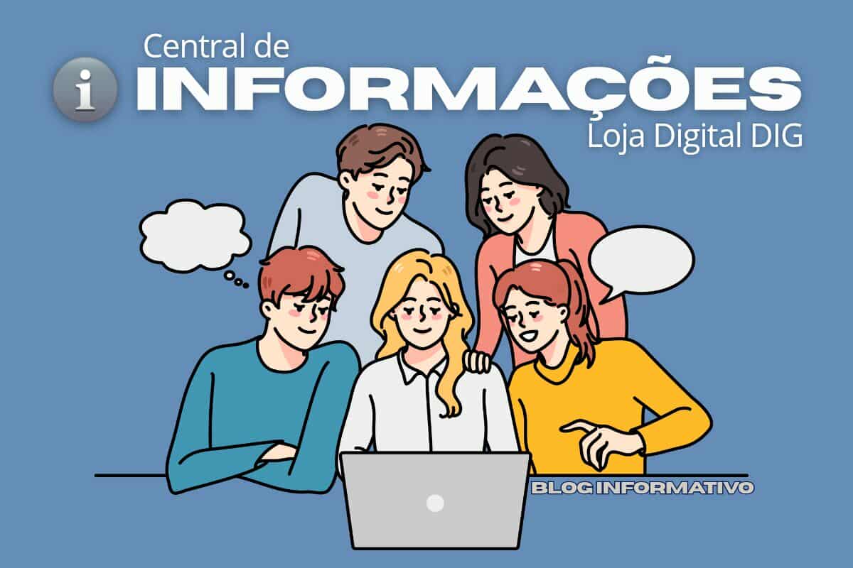 Grupo de pessoas colaborando em laptop simbolizando a Central Criativa de conteúdos da Loja Digital DIG com acesso rápido a dicas, guias e tutoriais organizados por tema
