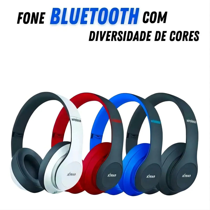 Fones de ouvido Bluetooth sem fio dobrável, nas cores branco, vermelho, azul e preto, destacando a variedade e o design estiloso.