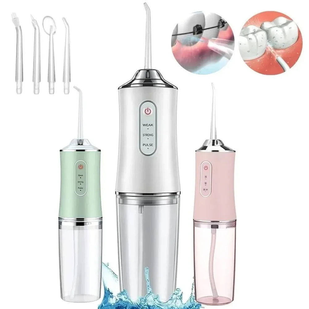 Irrigador Oral HighTech da Loja Digital Dig: Na imagem 3 opções de cores do aparelho: Verde Suave, Rosa Suave e Branco. Destacando a facilidade de utilização!