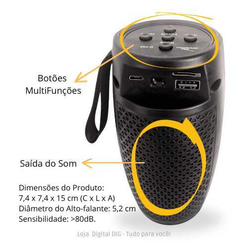 Mini Caixa de Som | Auto Falantes Portátil | Bluetooth | Rádio FM | Luz RGB Loja Digital DIG