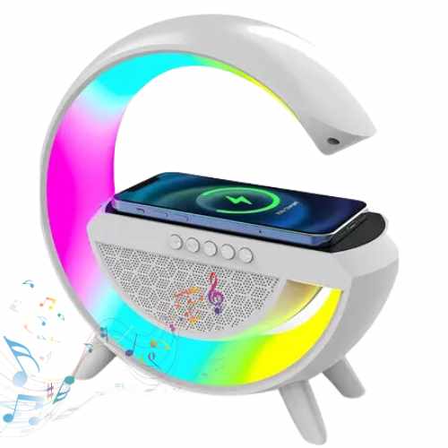 Nessa foto: Caixa de Som e carregador por indução na cor branco. Bluetooth nativo. Com iluminação RGB atmosfera integrada, design redondo estiloso para mesa e cabeceira da cama! Tudo para você na Loja Digital DIG! LDD