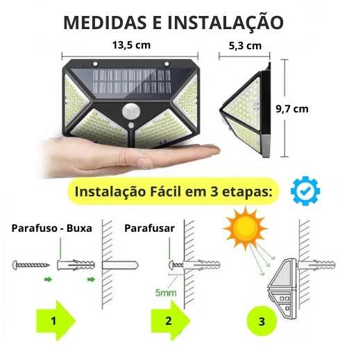 Na imagem: Luminária Solar com LEDs potentes! Design estiloso e moderno! Instalação fácil em 3 etapas! Adquira a sua através na Loja Digital DIG! Compra prática e segura! 