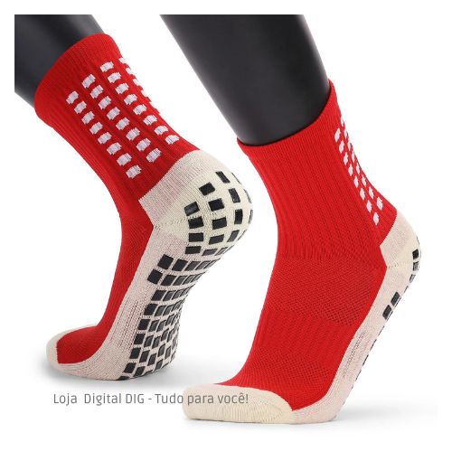 Meias Esportivas Antiderrapantes Respiráveis na cor vermelha, da Loja Digital Dig. Segurança e estilo em cada passo. Compre hoje mesmo!