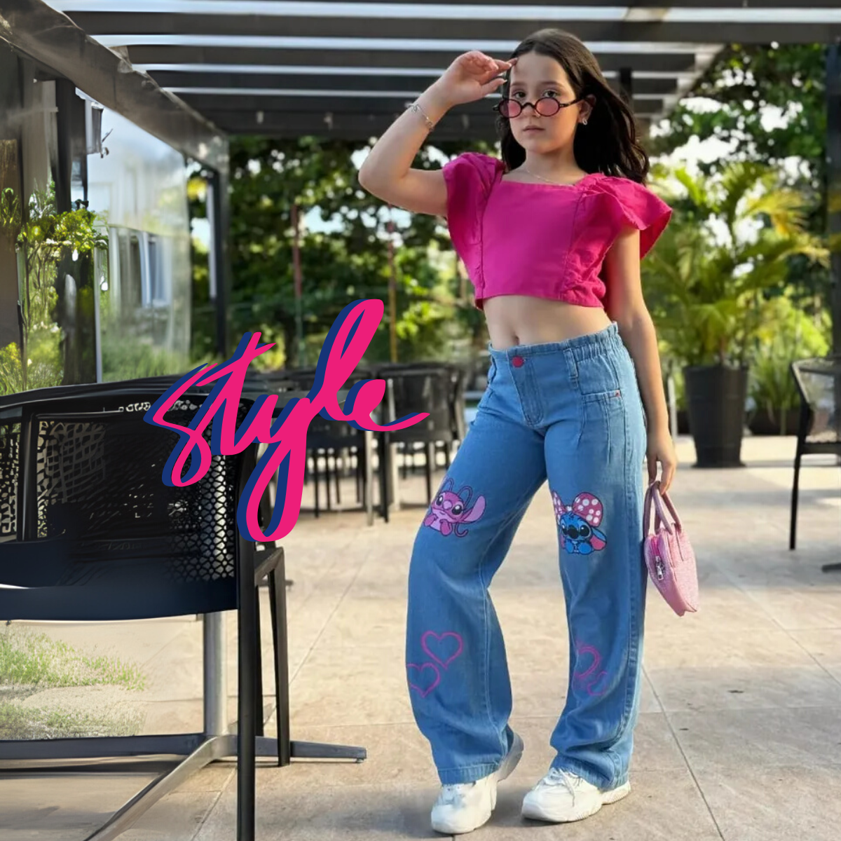 Calça Pantalona Wide Leg Stich - Jeans Infantil Juvenil Larguinha DIG - Loja Digital