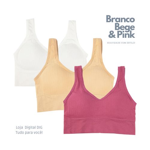"Experimente a elegância e conforto do Conjunto de Sutiãs Femininos Esportivos Sem Bojo em branco, bege claro e pink na Loja Digital - DIG! Conforto sem costura para treinos e dia a dia. Garanta o seu conjunto agora e adicione versatilidade ao seu guarda-roupa!"  Alt text: <img src="caminho_para_imagem" alt="Conjunto de Sutiãs Femininos Esportivos Sem Bojo em branco, bege claro e pink, disponível na Loja Digital - DIG">