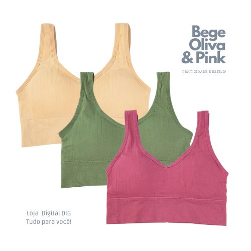 "Explore a versatilidade e vivacidade do Conjunto de Sutiãs Femininos Esportivos Sem Bojo em bege claro, verde oliva e pink na Loja Digital - DIG! Conforto sem costura para treinos e dia a dia. Adquira o seu conjunto agora e transforme seus treinos com estilo!"  Alt text: <img src="caminho_para_imagem" alt="Conjunto de Sutiãs Femininos Esportivos Sem Bojo em bege claro, verde oliva e pink, disponível na Loja Digital - DIG">