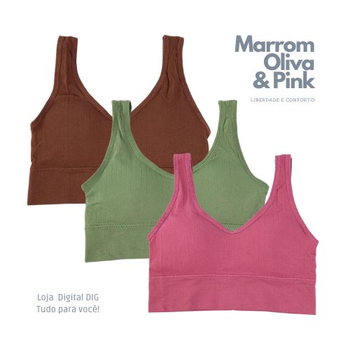 "Experimente a sofisticação e conforto do Conjunto de Sutiãs Femininos Esportivos Sem Bojo em marrom, verde oliva e pink na Loja Digital - DIG! Conforto sem costura para treinos e dia a dia. Garanta o seu conjunto agora e sinta a diferença em cada atividade!"  Alt text: <img src="caminho_para_imagem" alt="Conjunto de Sutiãs Femininos Esportivos Sem Bojo em marrom, verde oliva e pink, disponível na Loja Digital - DIG">