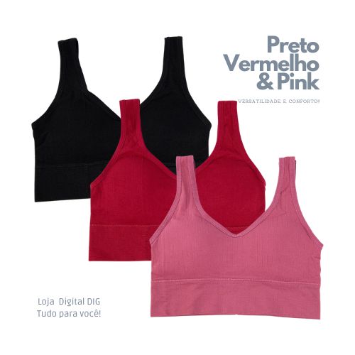 "Explore a versatilidade e conforto do Conjunto de Sutiãs Femininos Esportivos Sem Bojo em preto, vermelho e pink na Loja Digital - DIG! Conforto sem costura para treinos e dia a dia. Adquira o seu conjunto agora e destaque-se com estilo em cada treino!"  Alt text: <img src="caminho_para_imagem" alt="Conjunto de Sutiãs Femininos Esportivos Sem Bojo em preto, vermelho e pink, disponível na Loja Digital - DIG">