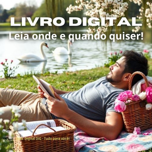 Livro digital Leia onde e quando quiser. Imagem mostra um homem com um leve sorriso deitado em um parque, com um lago ao fundo e dois cisnes nadando. Ele está relaxando e lendo um livro vendido na Loja Digital DIG