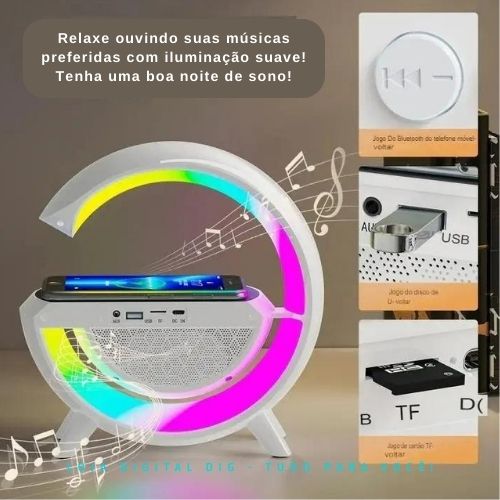 Nessa foto: Caixa de Som e carregador por indução na cor branco. Bluetooth nativo. Com  iluminação RGB atmosfera integrada, design redondo estiloso para mesa e cabeceira da cama!  Tudo para você na Loja Digital DIG!