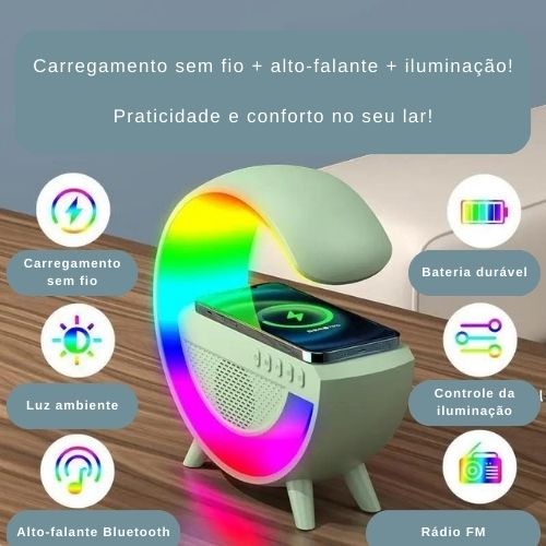 Nessa foto: Caixa de Som e carregador por indução na cor branco. Bluetooth nativo. Com  iluminação RGB atmosfera integrada, design redondo estiloso para mesa e cabeceira da cama! Mais características: Bateria Durável com Rádio FM!  Tudo para você na Loja Digital DIG!