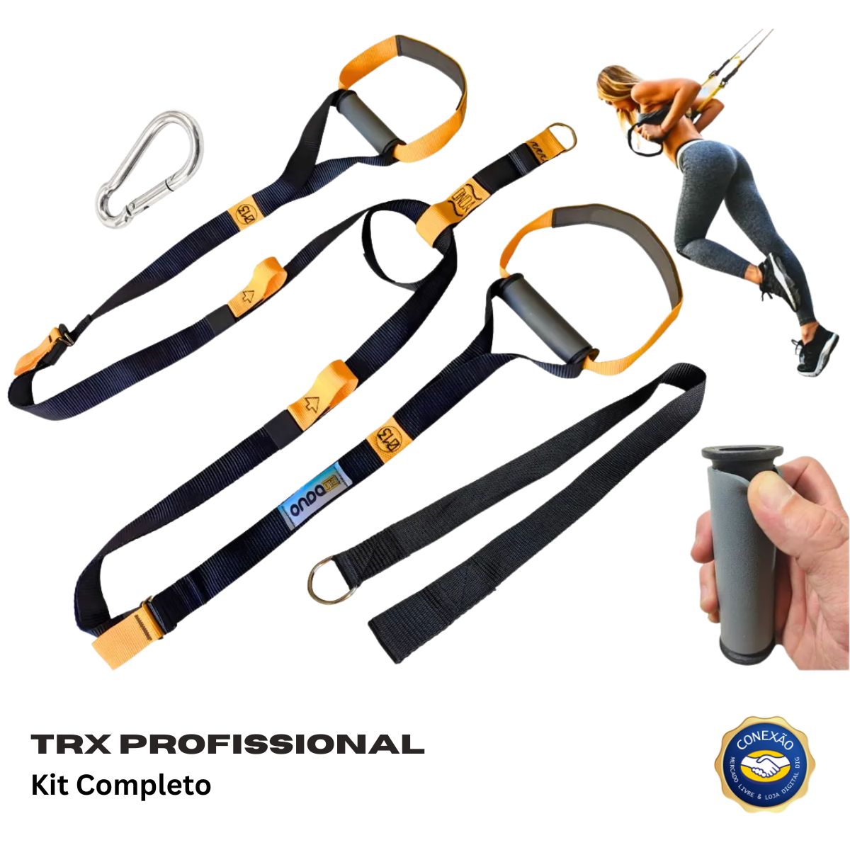 TRX Profissional Kit Completo Onda013 com fita de suspensão preta e laranja, manoplas emborrachadas, mosquetão e ancorador de porta para treino funcional