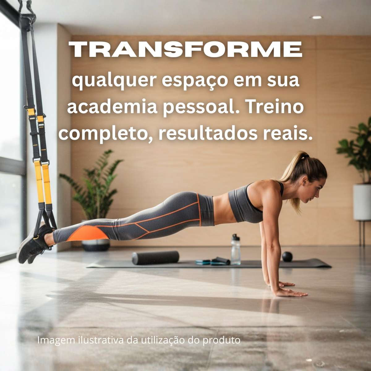 Mulher fazendo prancha suspensa com TRX Profissional Onda013 - treino funcional de core e abdômen em casa com fita de suspensão
