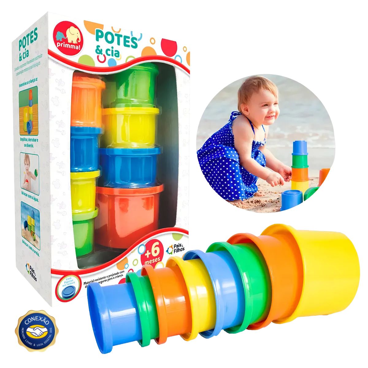 Pais & Filhos - Potes de Empilhar e Encaixar - Brinquedo Educativo para Bebê 6+ Meses Pais & Filhos