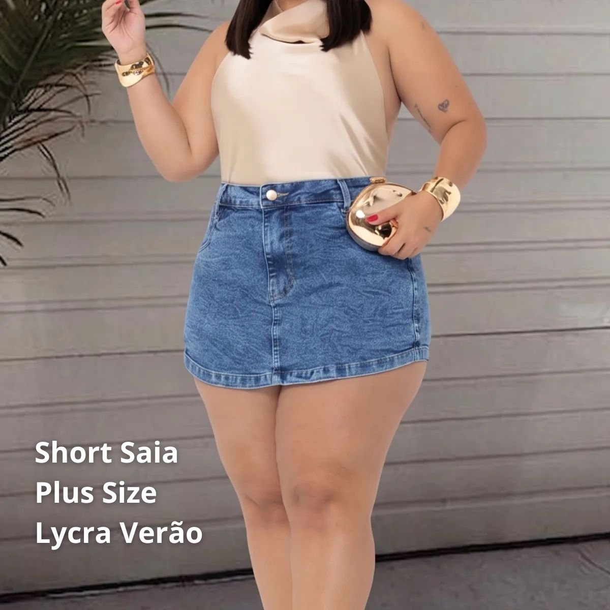 Short saia jeans plus size lycra verão — modelagem confortável e estilosa
